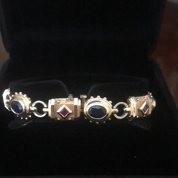 🌷Etruscan Revival Statement Bracelet Multi Colored Gemstones 14K Gold - Picture 4 of 16